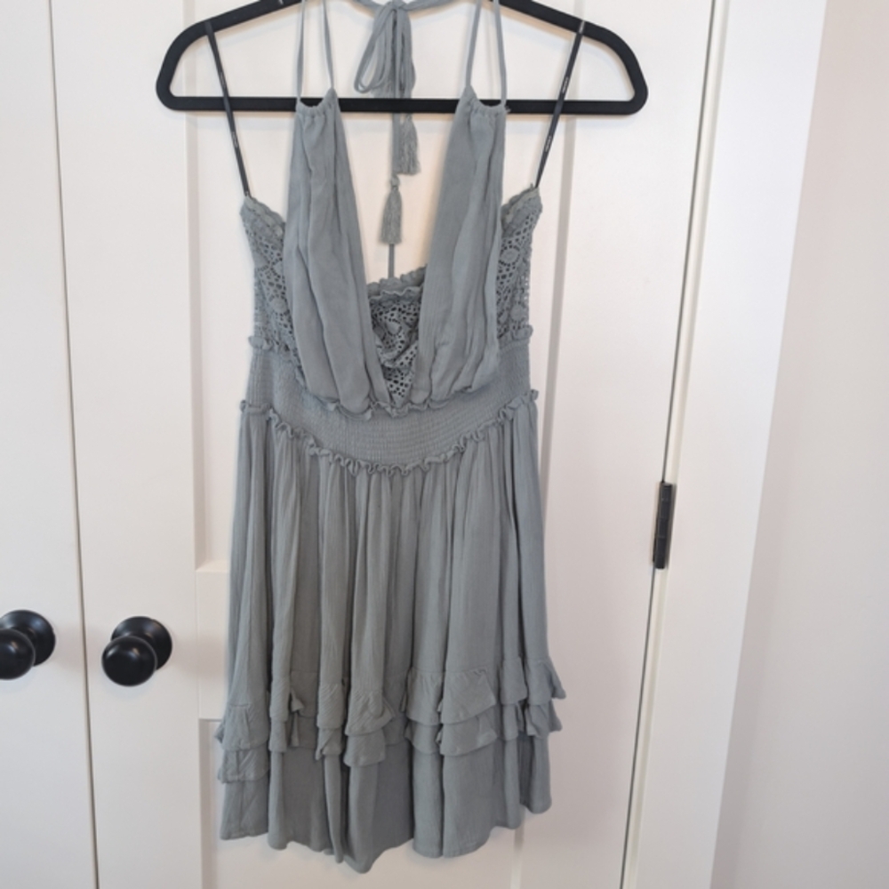 Chic Boho Gray Halter Dress Lace Top